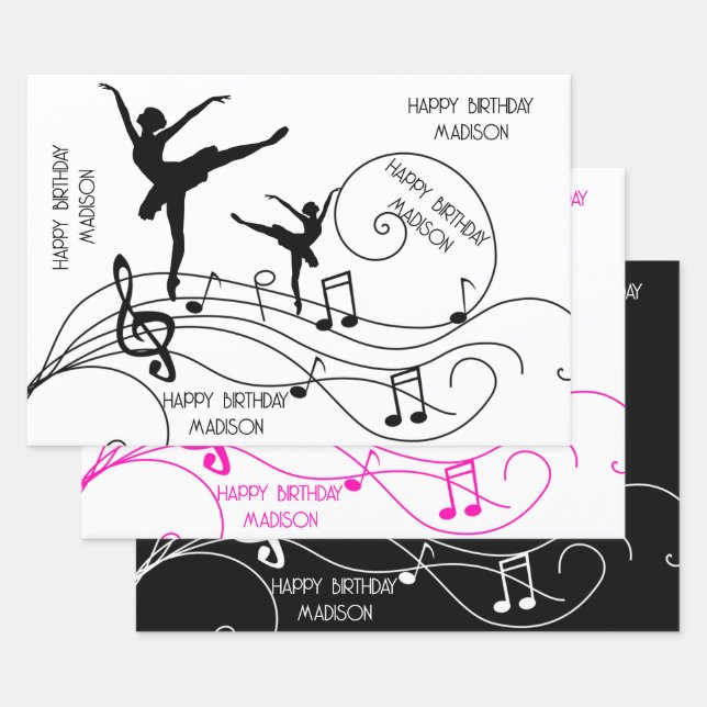 Feuille De Papier Cadeau Ballerina Anniversaire Illustration & notes musica (Lot)