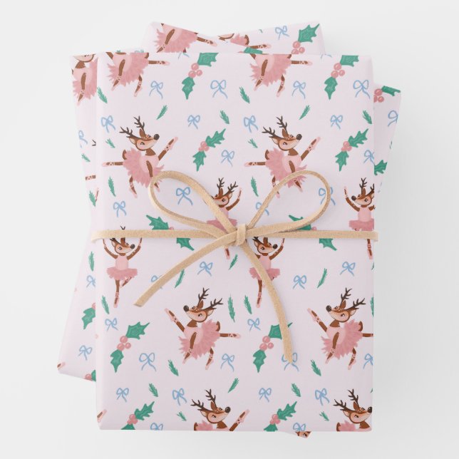Feuille De Papier Cadeau Ballerina Reindeer et Bows Noël (En situation)