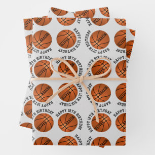 Feuille De Papier Cadeau Balles de Basket Enfants Nom Sports Joyeux Anniver