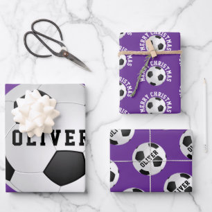 Feuille De Papier Cadeau Balles de football de soccer violettes Enfants Nom