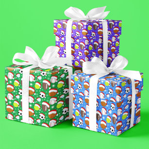 Feuille De Papier Cadeau Balles de Sport Portant le Chapeau du Père Noël Mo