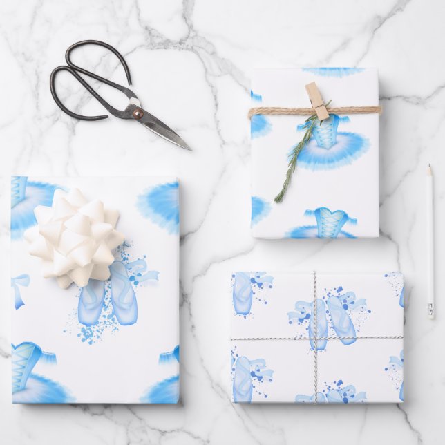 Feuille De Papier Cadeau Ballet bleu Anniversaire Chaussures Tutu & Pointe (Recto)