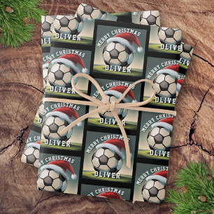 Feuille De Papier Cadeau Ballon de Football Santa Chapeau Nom Noël
