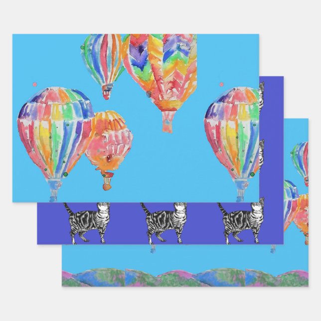 Feuille De Papier Cadeau Ballons Blue Hot Air Balloon Boys Aquarelle (Lot)