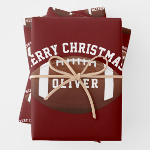 Feuille De Papier Cadeau Ballons de Football Américain Nom Rouge Noël