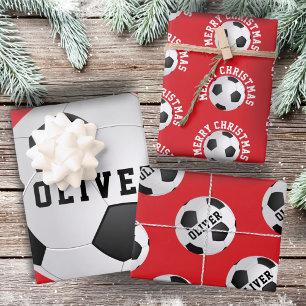 Feuille De Papier Cadeau Ballons de Football pour Enfants Nom Rouge Noël