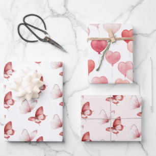 Feuille De Papier Cadeau Ballons en forme de cœur Rose Rouge Papillons Anni