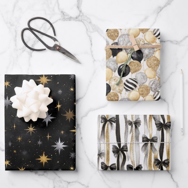 Feuille De Papier Cadeau Balloons & Bows Gold Black Silver Christmas   (Recto)