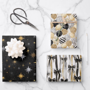 Feuille De Papier Cadeau Balloons & Bows Or Noir Argent Noël  