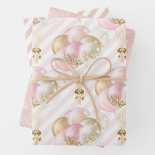 Feuille De Papier Cadeau Balloons rose et or Motif Baby Girl