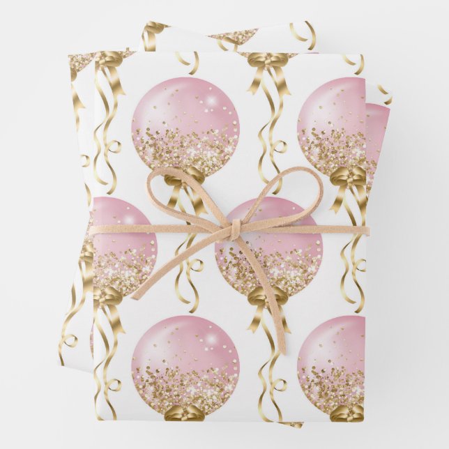 Feuille De Papier Cadeau Balloons rose et or Motif Baby Girl (En situation)