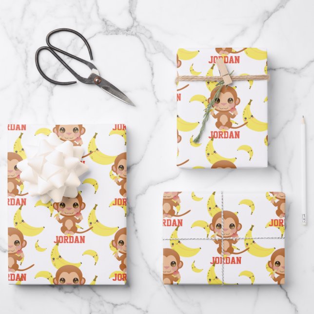 Feuille De Papier Cadeau Banana Baby Monkey Joyeux anniversaire (Recto)