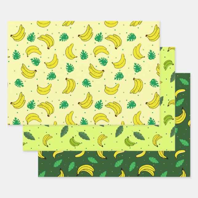 Feuille De Papier Cadeau Banana Summer Jaune Vert Fruits Tropiques Motif (Lot)