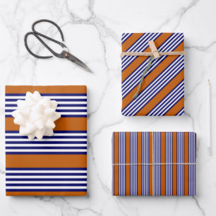 Feuille De Papier Cadeau Bandes bleu marine et blanc avec orange brûlé