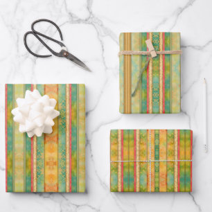 Feuille De Papier Cadeau Bandes d'aquarelle Vintage vert et or