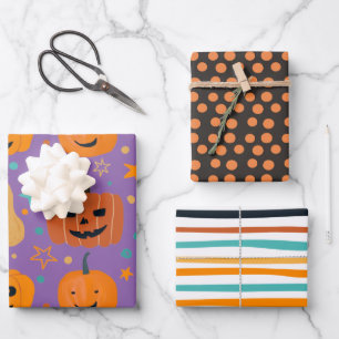 Feuille De Papier Cadeau Bandes de Citrouille orange noire Halloween