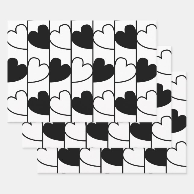 Feuille De Papier Cadeau Bandes de Coeurs Noir et Blanc (Lot)