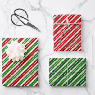 Feuille De Papier Cadeau Bandes de Noël rouge, vert et argent