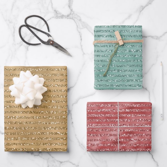Feuille De Papier Cadeau Bandes de Parties scintillant vertes Gold Red Mint (Recto)