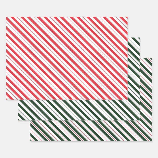 Feuille De Papier Cadeau Bandes diagonales de Sucre de canne vert rouge et  (Lot)