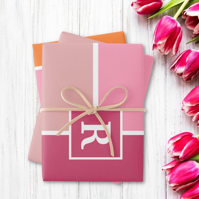 Feuille De Papier Cadeau Bandes en rose, blanc et orange avec Monogramme (Créateur téléchargé)