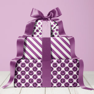 Feuille De Papier Cadeau Bandes et pois de visage heureux violet