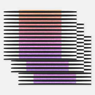 Feuille De Papier Cadeau Bandes Motif Multicolore Noir Blanc Rose Violet