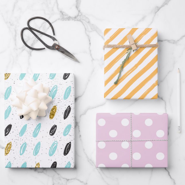Feuille De Papier Cadeau Bandes motifs et points rose bleu (Recto)