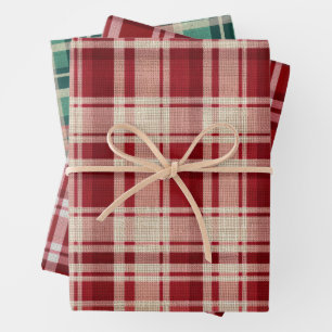 Feuille De Papier Cadeau Bandes Plaid Vert Crème Rouge