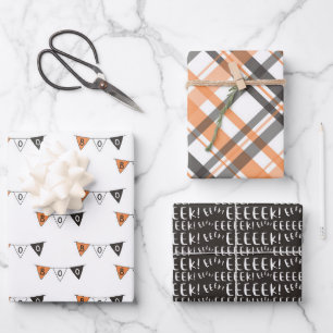Feuille De Papier Cadeau Bannière noir orange Eek Plaid Halloween