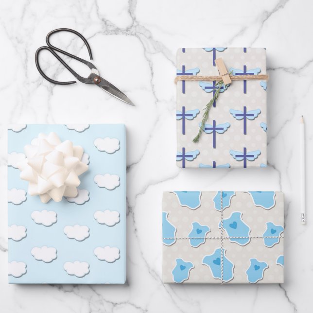 Feuille De Papier Cadeau Baptême Bleu Bébé Nuage Croix (Recto)