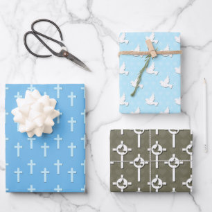 Feuille De Papier Cadeau Baptême de la colombe de la Croix Bleue