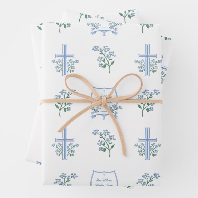 Feuille De Papier Cadeau Baptême personnalisé Première communion Floral Bab (En situation)