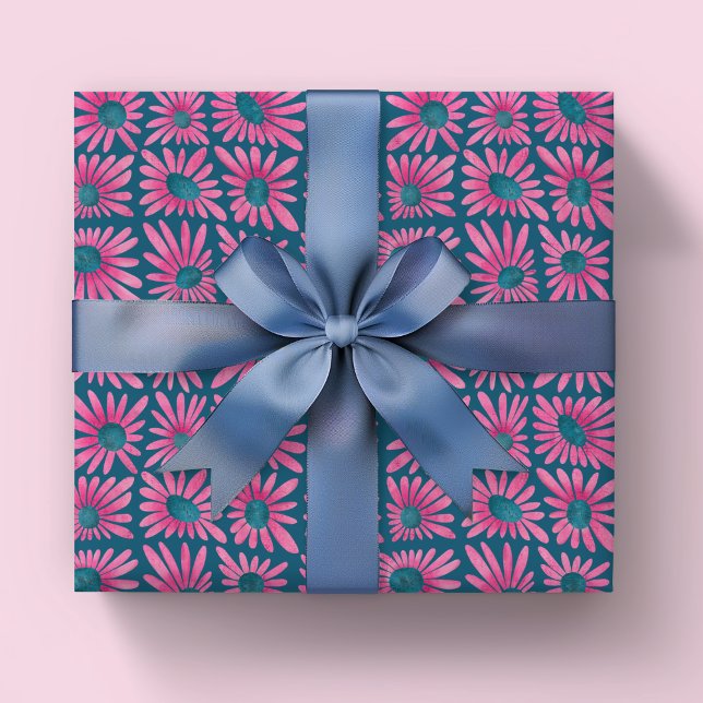 Feuille De Papier Cadeau Barrage floral moderne imprimé rose marguerite (Pink and blue block print retro kitsch floral wrapping paper sheets. )