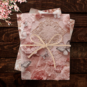 Feuille De Papier Cadeau Barre Dorée Douce Floral Papillon Baroque Collage