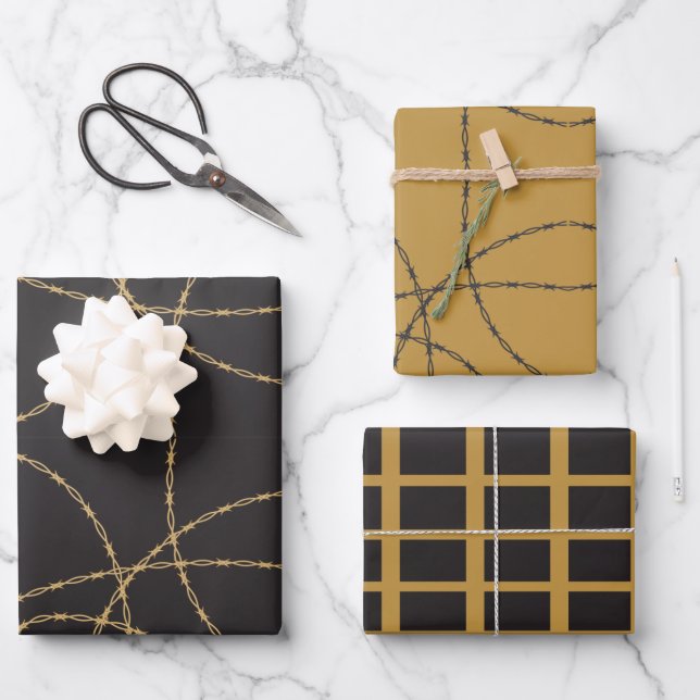Feuille De Papier Cadeau Barre Luxe Barbelé Or Noir  (Recto)