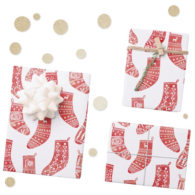 Feuille De Papier Cadeau Bas nordiques rouge et blanc (Nordic stockings red and white Scandinavian Christmas pattern gift wrapping paper )