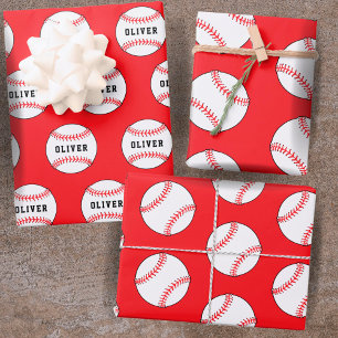 Feuille De Papier Cadeau Baseball Ball Red Motif Enfants Nom Anniversaire