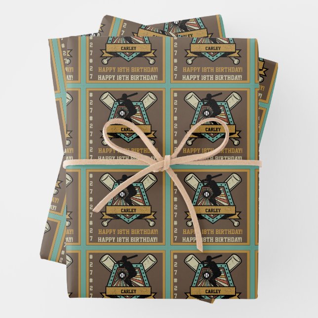 Feuille De Papier Cadeau Baseball Softball Nom Numéro d'âge Anniversaire (En situation)