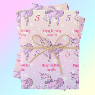 Feuille De Papier Cadeau Bashful Unicorn Personnaliser Nom Age Rose Stars 3