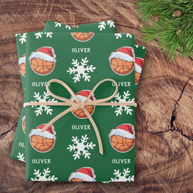 Feuille De Papier Cadeau Basket-ball avec Red Santa Hat Snowflon Nom (Créateur téléchargé)