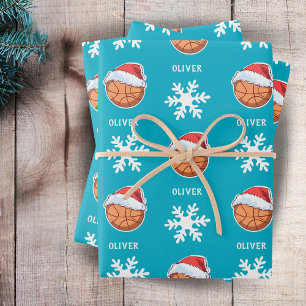 Feuille De Papier Cadeau Basket-ball avec Red Santa Hat Snowflon Nom