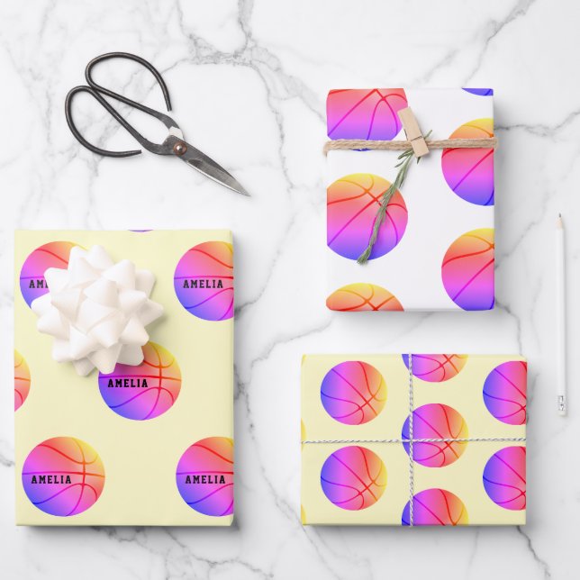 Feuille De Papier Cadeau Basket-ball Motif Jaune Nom Enfants Sports (Recto)