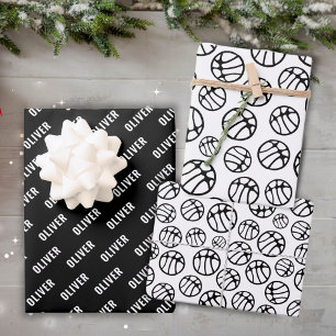 Feuille De Papier Cadeau Basket Ball Motif Noir et Blanc Nom