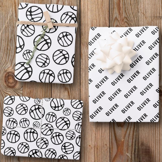 Feuille De Papier Cadeau Basket Ball Motif Noir et Blanc Nom (Créateur téléchargé)