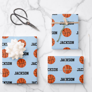 Feuille De Papier Cadeau Basket-ball Nom Motif Enfants Bleu