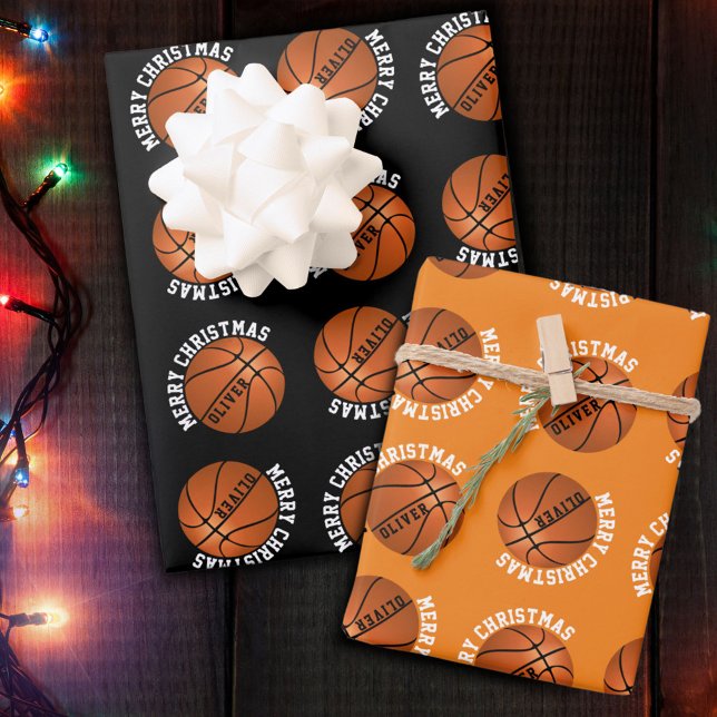 Feuille De Papier Cadeau Basketball Balls Enfants Nom Sports Joyeux Noël (Créateur téléchargé)