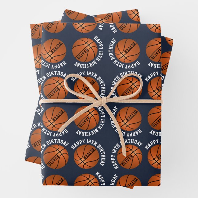 Feuille De Papier Cadeau Basketball Balls Kids Name Sports Happy Birthday  (En situation)