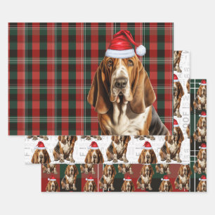 Feuille De Papier Cadeau Basset Hound Chien de Noël Rouge Vert Vacances Pla