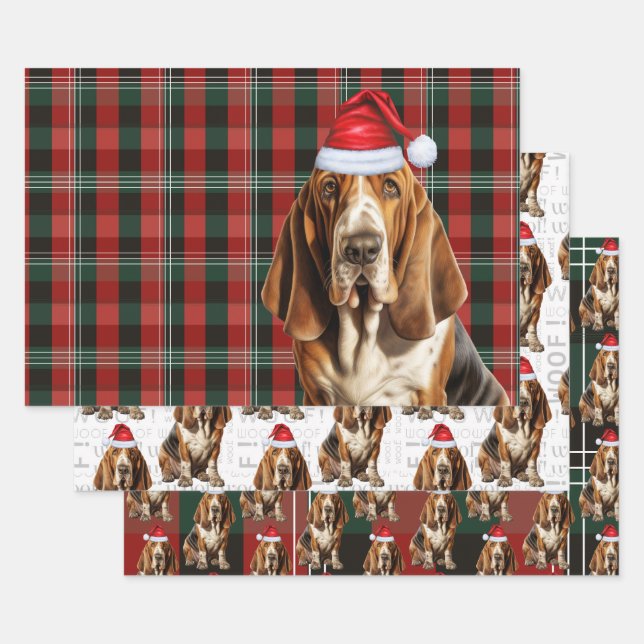 Feuille De Papier Cadeau Basset Hound Chien de Noël Rouge Vert Vacances Pla (Lot)
